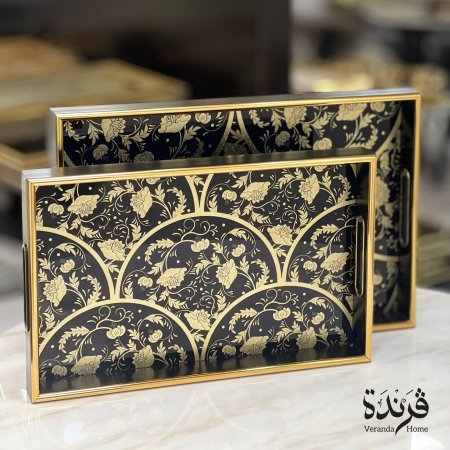 طقم 2 صواني اسود وذهبي زخرفة الأقواس الذهبية